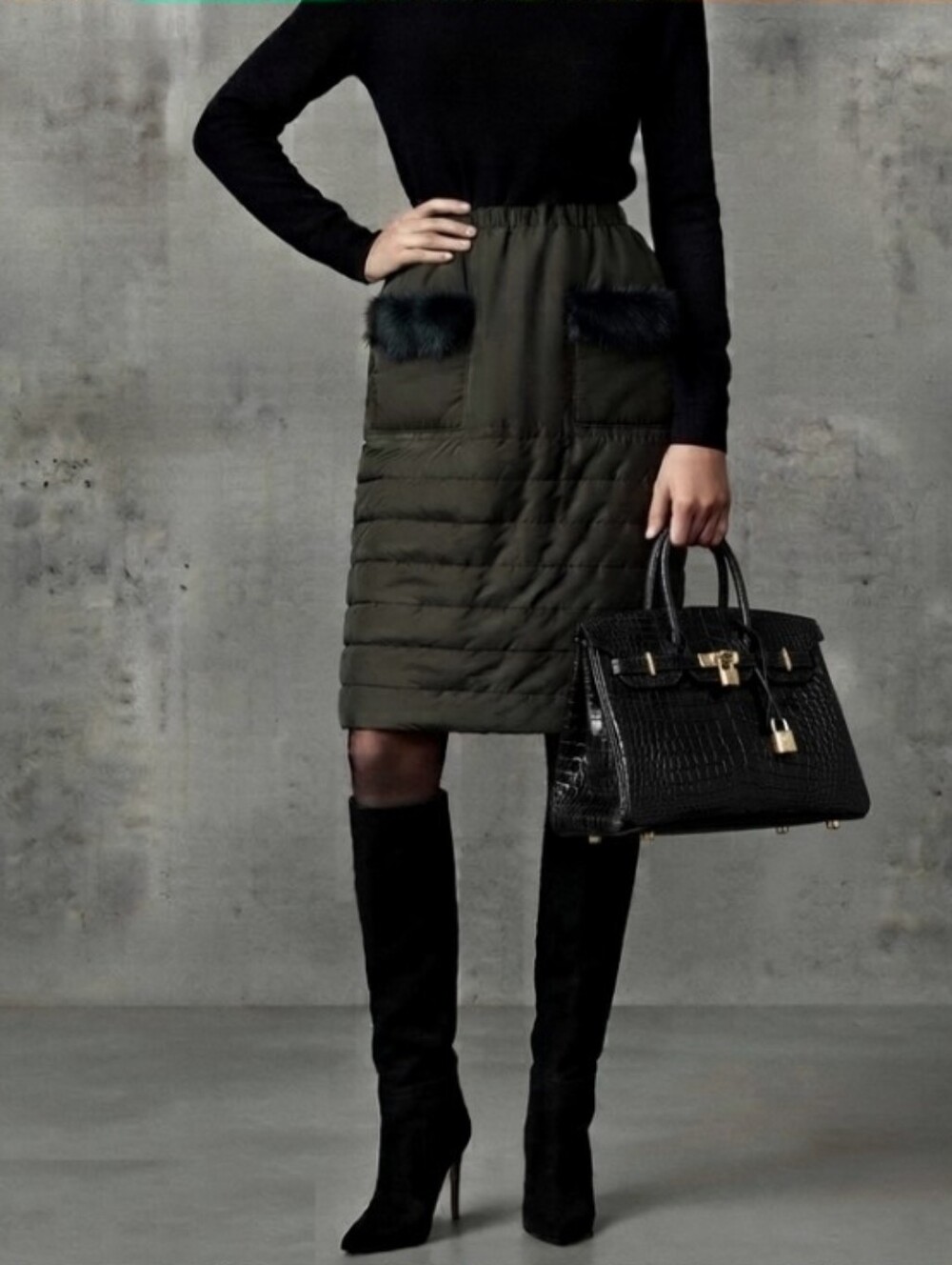 Quilted A-Line Skirt with Faux Fur Pocket Trim
